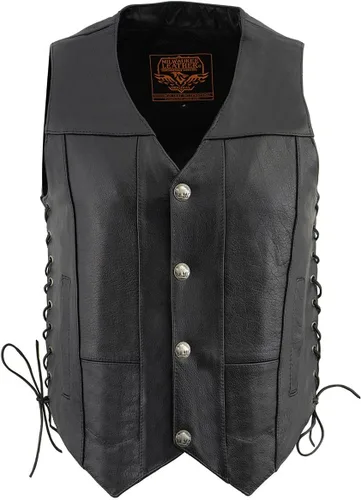 Miniatura 6 de Milwaukee Leather LKM3701 Chaleco clásico de cuero negro para hombre con cuello en V estilo motero con broches de búfalo y cordones laterales