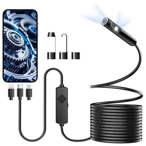 Cámara endoscopio con luz, boroscopio HD 1920P con 8 LED ajustables, cable de serpiente semirrígido, cámara de inspección impermeable IP67 para iOS