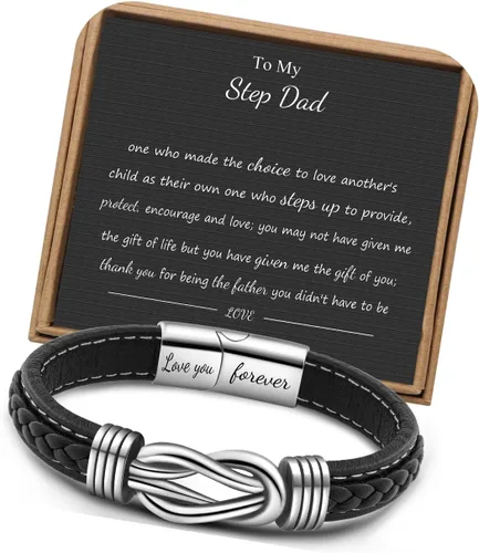 Miniatura 21 de Pulseras de nudo JoycuFF Regalos para hombres Marrón cuero trenzado acero inoxidable pulseras de infinito con inscripción Amor eterno Regalos