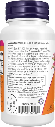 Miniatura 3 de NOW Foods Suplementos, Sun-E 400 UI con d-alfa tocoferol de aceite de girasol sin OMG, 60 cápsulas blandas