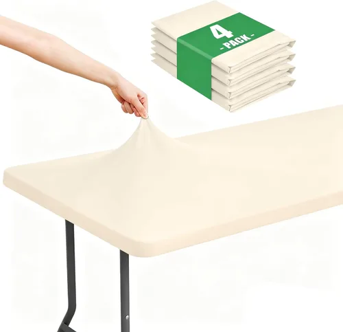 Moosfor Paquete de 4 manteles rectangulares de elastano de 4 pies, elásticos y ajustables para pícnic, elásticos y lavables, para exteriores, Beige