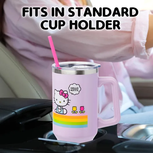 Miniatura 5 de Silver Buffalo - Vaso de acero inoxidable Sanrio Hello Kitty con flores de primavera y verano y rayas arcoíris, con asa y popote, compatible