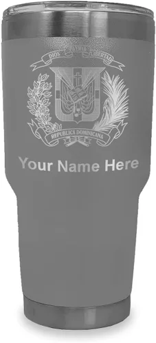 Miniatura 20 de LaserGram Taza aislada al vacío de 20 onzas, escudo de armas, República Dominicana, grabado personalizado incluido (gris)