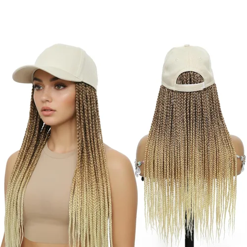 Miniatura 16 de Gorra con peluca para mujeres con gorra de béisbol y cabello trenzado adjunto, peluca de trenzas negras sintéticas, gorra ajustable con trenzas