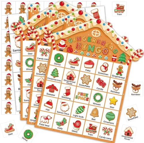 Shappy 35 Piezas Juego de Bingo Navideño de Jengibre Juego de Bingo del Hombre de Jengibre 24 Jugadores Tarjetas para Actividades Familiares,