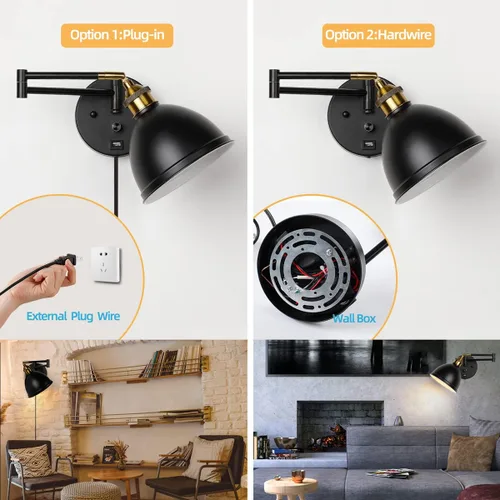 Miniatura 3 de Apliques de pared con brazo oscilante, lámpara de pared enchufable, lámpara de pared para dormitorio, pantalla de tela blanca, con interruptor