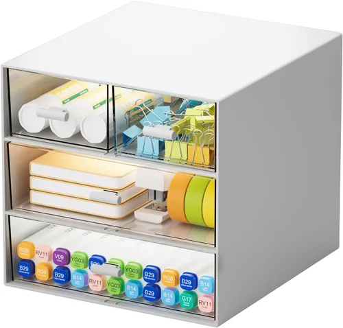 Miniatura 10 de Marbrasse Organizador de escritorio con 6 cajones, cajones de almacenamiento apilables de 3 niveles, almacenamiento de maquillaje de plástico