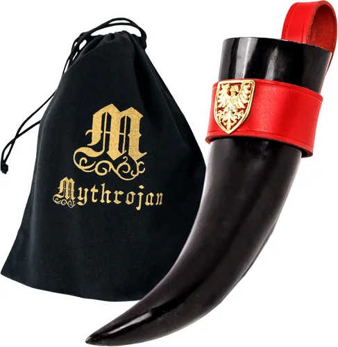 Miniatura 16 de Mythrojan Cuerno vikingo para beber 100% natural, auténtico, decoración de latón, cuerno nórdico con funda de cuero negro, bolsa de lona para vino