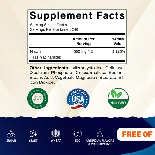 Miniatura 2 de Vitamatic Niacinamida 500 mg 240 Tabletas - Vitamina B3 sin rubor - Apoya la producción de energía