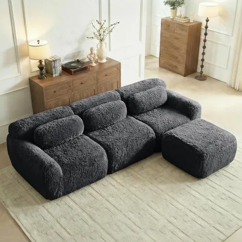 Miniatura 19 de Sofás de nube sin hueso de 80.4 pulgadas, tela de felpa suave y esponjosa, sofá cama modular con 2 otomanas, sofás de dos plazas de chocolate,