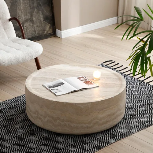 Miniatura 23 de Ø35.43'' Mesa de café redonda para sala de estar, moderna mesa de café en forma de tambor, material de fibra de vidrio, sin ensamblaje, beige