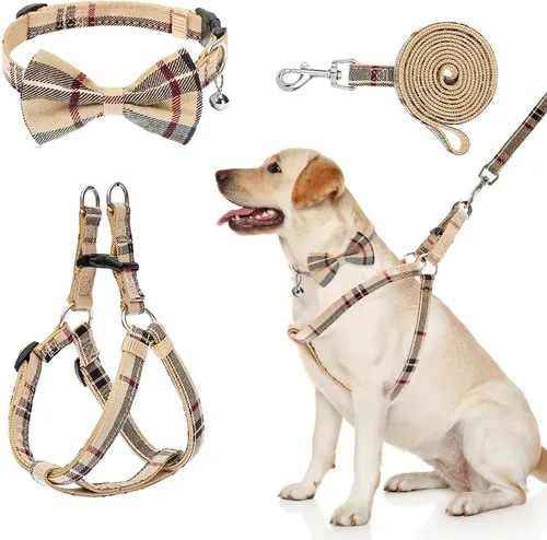 Miniatura 22 de Juego de arnés para perro con correa y collar de corbatín - Arnés para cachorro a cuadros beige, a prueba de escape, chaleco ajustable sin tirones