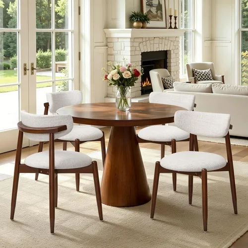 Miniatura 31 de CHUN YI Juego de 2 sillas de comedor tapizadas de madera maciza, sillas auxiliares de cocina de tela moderna de mediados de siglo con respaldo Beige