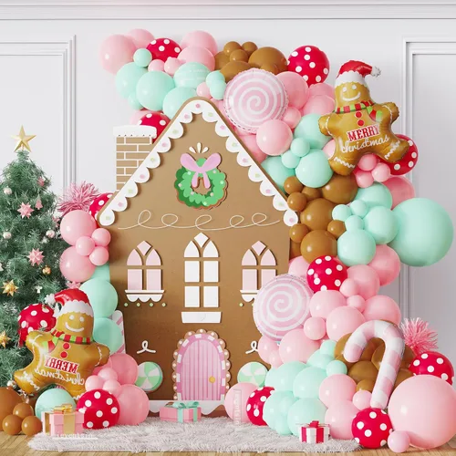 Miniatura 10 de Kit de 440 piezas de globos de Navidad para casa de jengibre, arco de globos marrón y blanco con piruletas, bastones de caramelo, hombre de jengibre