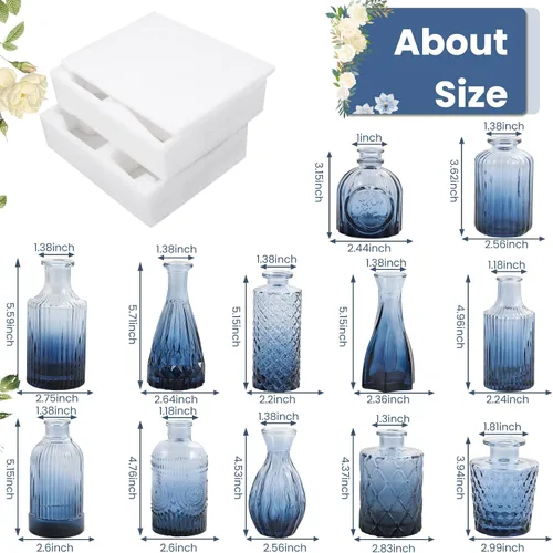 Miniatura 2 de TBWIND 12 piezas de jarrones de vidrio azul para brotes, jarrones pequeños para flores, perfectos para centros de mesa en fiestas, baby showers