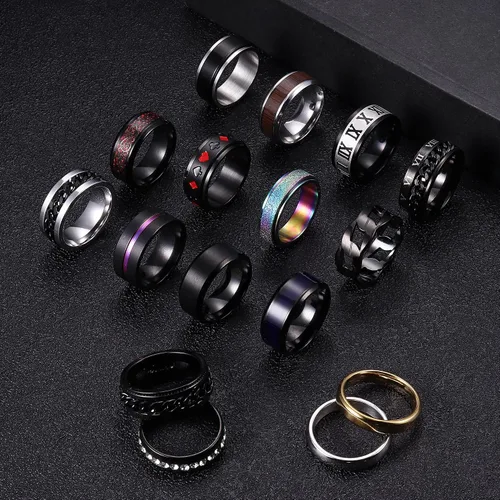 Miniatura 7 de Besteel Juego de 16 anillos giratorios de acero inoxidable para hombres y mujeres, anillos para aliviar el estrés y la ansiedad, color negro