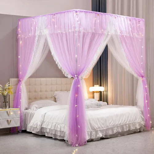 Miniatura 11 de VETHIN Cortina de Dosel de Cama de Princesa con Volantes de 4 Postes de Esquina - Red de Tul de Doble Capa Acogedora con 4 Aberturas, Mosquitera