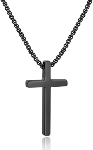 Ursteel - Collar con dije de cruz de acero inoxidable para hombre, cadena de eslabones cuadrados de 16 a 30 pulgadas, color plateado, negro, dorado