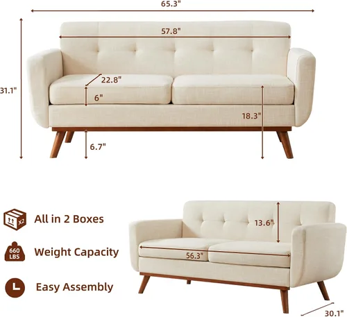 Miniatura 2 de Tbfit Sofá de dos plazas, sofás de estilo de mediados de siglo, sofá pequeño de bouclé para sala de estar, dormitorio, oficina, muebles tapizados