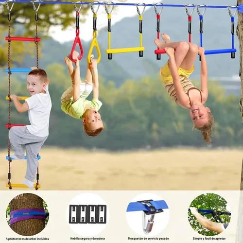 Miniatura 3 de Ninja Warrior - Carrera de obstáculos para patio trasero de niños, kit de línea floja de 65 pies con 13 obstáculos, hebillas de instalación rápida