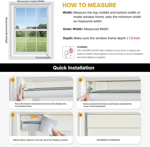 Miniatura 6 de LazBlinds - Persianas enrollables opacas sin taladro, 20 pulgadas de ancho x 48 pulgadas de alto, beige Inalámbrico, tela con aislamiento térmico