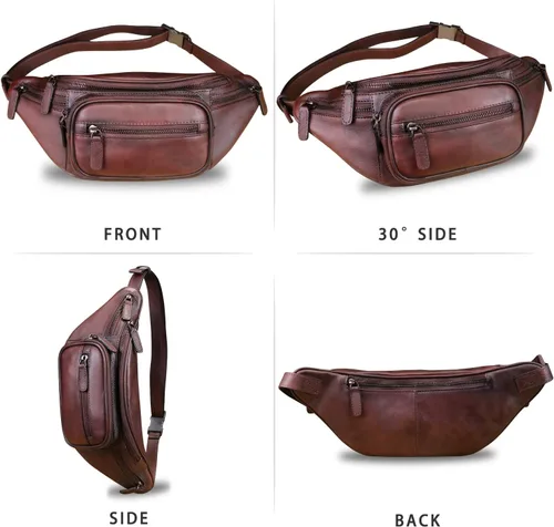 Miniatura 4 de Cangurera de cuero genuino para mujeres y hombres, riñonera de cuero, bolso bandolera de moda, bolso cruzado de hombro, mochila (café)