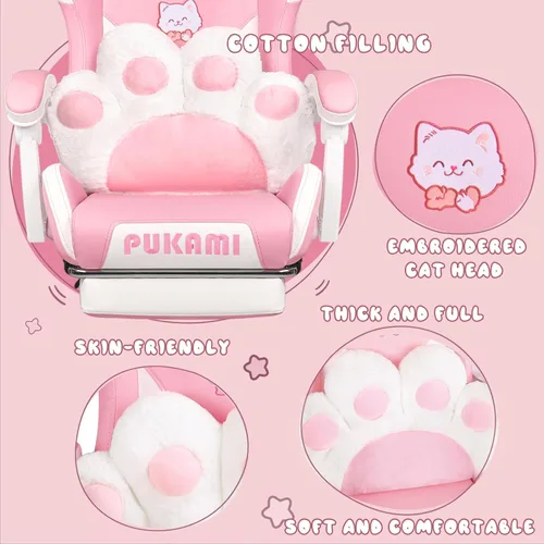 Miniatura 4 de PUKAMI Silla de juegos rosa linda con orejas de gato y cojín lumbar de pata de gato, silla ergonómica para computadora para niña con reposapiés
