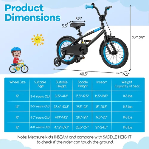 Miniatura 5 de BABY JOY Bicicleta infantil de macarones coloridos, de 12, 14, 16 y 18 pulgadas, bicicleta deportiva para niños con ruedas de entrenamiento