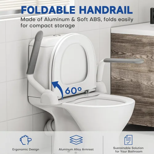 Miniatura 5 de DOZAWA Rieles de seguridad para inodoro para personas mayores, rieles de inodoro resistentes con asas plegables, brazos de asistencia para inodoro