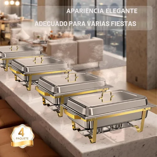 Miniatura 7 de Platos de roce para buffet, paquete de 4, 11 cuartos cuadrados [tamaño grande y resistente] Calentadores de alimentos de acero inoxidable para Oro