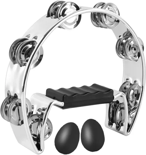 Miniatura 11 de EASTROCK - Pandereta de música, instrumento de percusión de fila única, campana de metal con flores, pandereta de mano, tambor de mano de metal