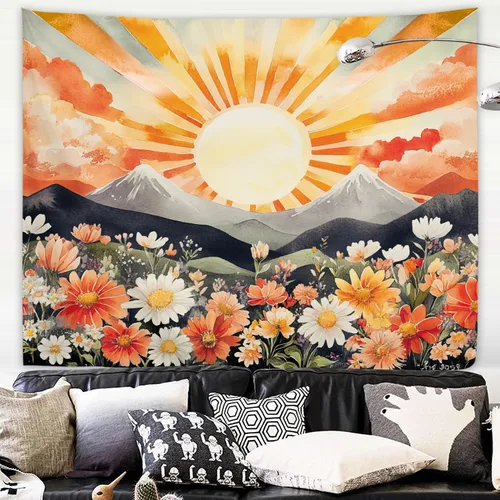 Miniatura 9 de Yookeb Tapiz Japonés de Montaña en Negro y Rojo 51 x 51 Pulgadas para Colgar en la Pared, Decoración de Anime de Asia, Paisaje de Bosque