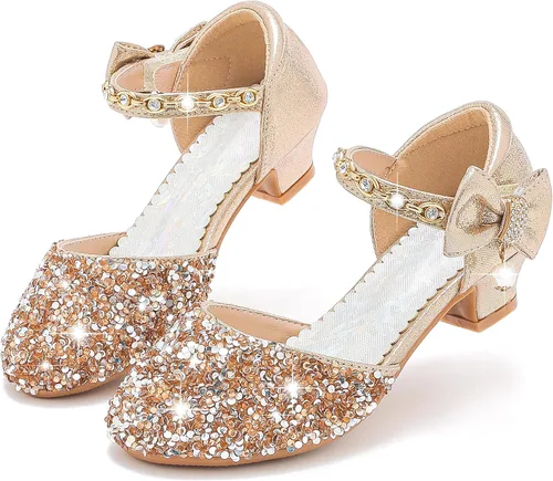 Sandalias para niñas, tacones cerrados, para boda, fiesta, princesa, lazo con lentejuelas para niños pequeños y grandes