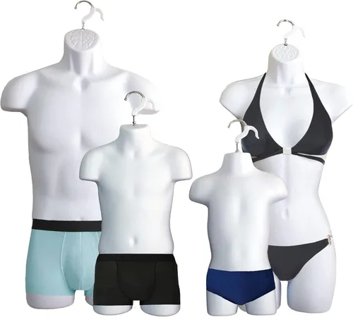 Miniatura 12 de 4 formas de maniquí negro con soportes de metal - Juego de maniquíes colgantes de torso largo para hombre, mujer, niño y bebé con cadera