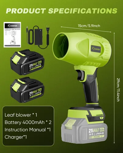 Miniatura 8 de Saker Soplador de hojas inalámbrico, limpiador de polvo portátil, sopladores de mano, 2 baterías de 4.0 Ah, 180.000 rpm, plumero de aire con Verde