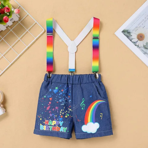 Miniatura 4 de IMEKIS Toddler Baby Boys Melon Birthday Outfit Romper T-shirt + Jeans Shorts + Suspenders Rainbow Cake Smash Photo Shoot 1-5T
