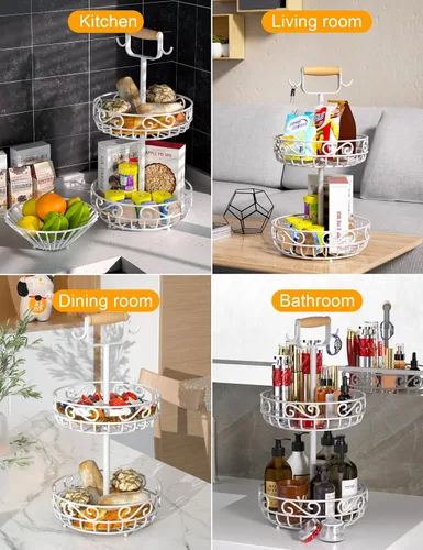 Miniatura 6 de Plato de 2 niveles y frutero – Almacenamiento de frutas y verduras con colgador de árbol de plátano y mango de madera, cesta de frutas para encimera