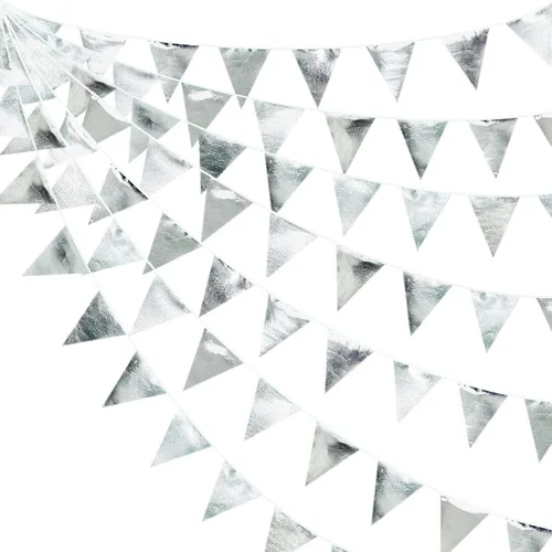 Miniatura 31 de Decoración de fiesta iridiscente de 33 pies, tela holográfica, banderín triangular, banderín de algodón, guirnalda de banderines para cumpleaños