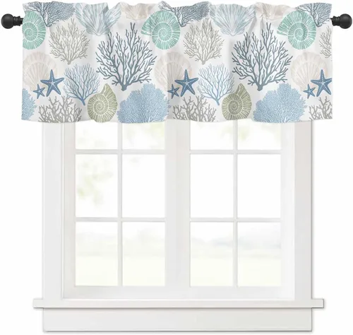Cenefas cortas de cortina de ventana de color azul de granja, cenefas de estrella de mar de coral para ventanas, cenefas de cocina para sala de