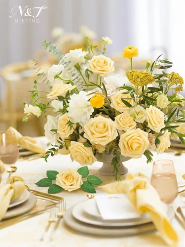 Miniatura 376 de N&T NIETING Flores artificiales, rosas artificiales de color rosa intenso, 50 piezas de flores falsas con tallo para ramos de boda DIY, centros