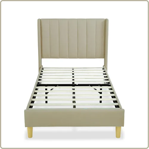 Miniatura 4 de Upholstered Bed Frame with Wingback Headboard and Wood Slats (Beige-Linen, Twin)