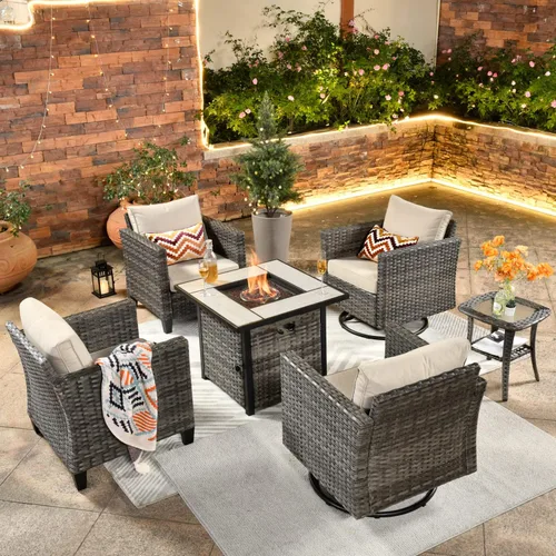 Miniatura 53 de ovios Juego de muebles de patio de 6 piezas, sillas giratorias de mimbre para exteriores con mesa para fogatas de 30 pulgadas, juego de mecedoras