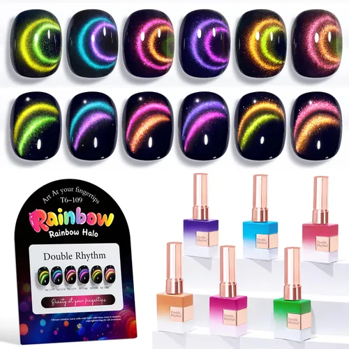 Miniatura 16 de Double Rhythm - Juego de esmalte de uñas de gel ojo de gato de 6 unidades, mismo color, misma botella, 14.8 ml, brillo con glitter, con imán