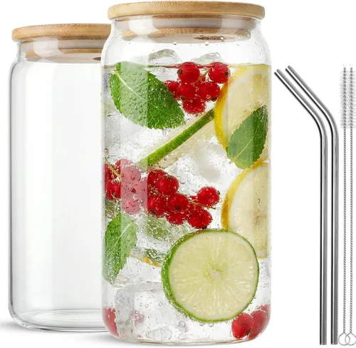 Miniatura 10 de ASKIZ 16 Vasos de Vidrio con Tapas de Bambú y Pajitas, Taza de Café Helado de 16 Oz, Juego de Vasos para Beber, Botellas de Agua de Vidrio