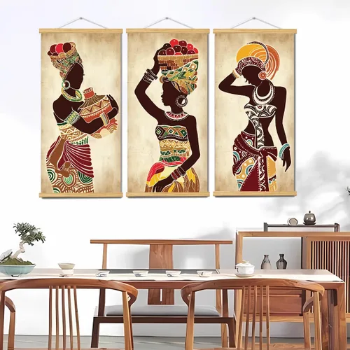 Miniatura 3 de 3 piezas de pintura en lienzo étnica africana de mujer negra, arte de pared vintage para sala de estar y dormitorio, arte en lienzo con marcos