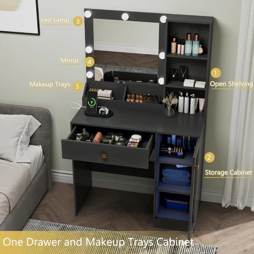 Miniatura 7 de Wodeer Pequeño escritorio de maquillaje con espejo y luces, tocador con armario de cristal, luces LED y toma de corriente, cajón y gabinetes