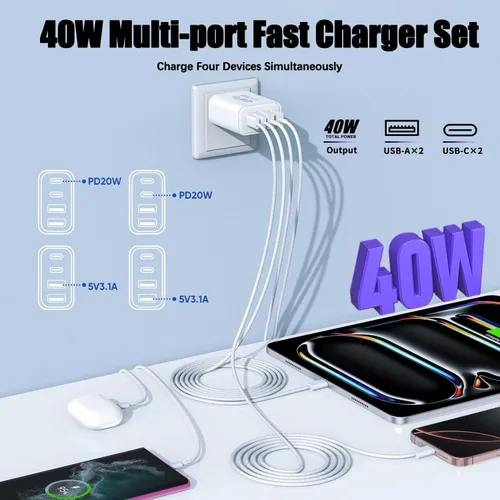 Miniatura 3 de Cargador para iPhone 17 de carga rápida, bloque de cargador USB C de 4 puertos, paquete de 2 cargadores de Apple de 40 W con cable trenzado USB C a