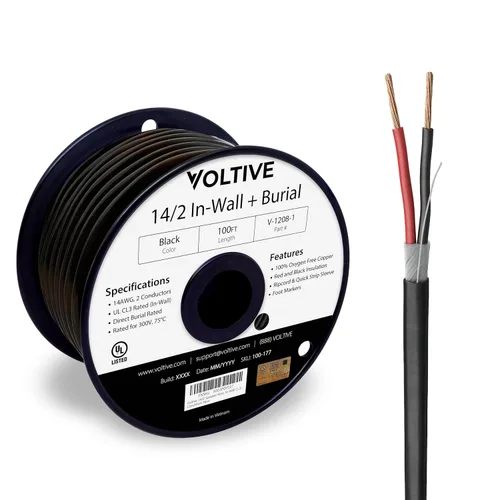 Miniatura 38 de Voltive Cable de altavoz 10/2, CL3 en pared y entierro directo, negro, 100 pies - 10 AWG, 2 conductores, cobre trenzado sin oxígeno, listado UL