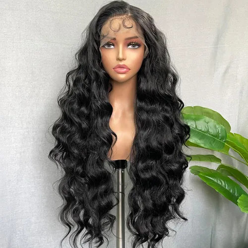 Miniatura 8 de SOKU Peluca negra de encaje frontal de 13 x 6 pulgadas, 32 pulgadas de largo, ligera, línea de cabello prearrancada con abuelitos, encaje suizo