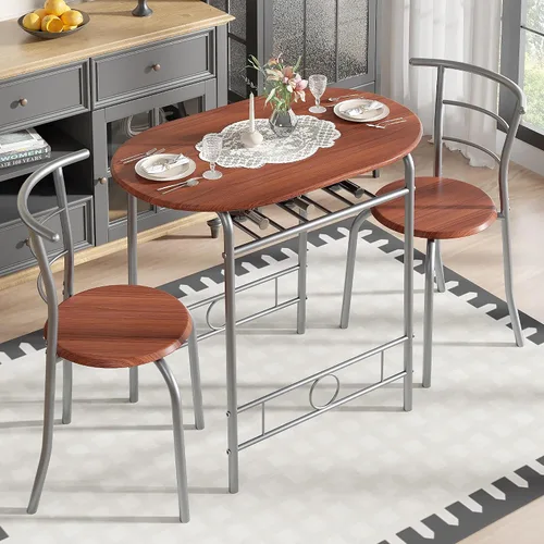Miniatura 10 de VECELO Juego de mesa de comedor de 3 piezas para rincón de desayuno, mesa ovalada de mármol sintético y marco de metal con estante de vino Blanco
